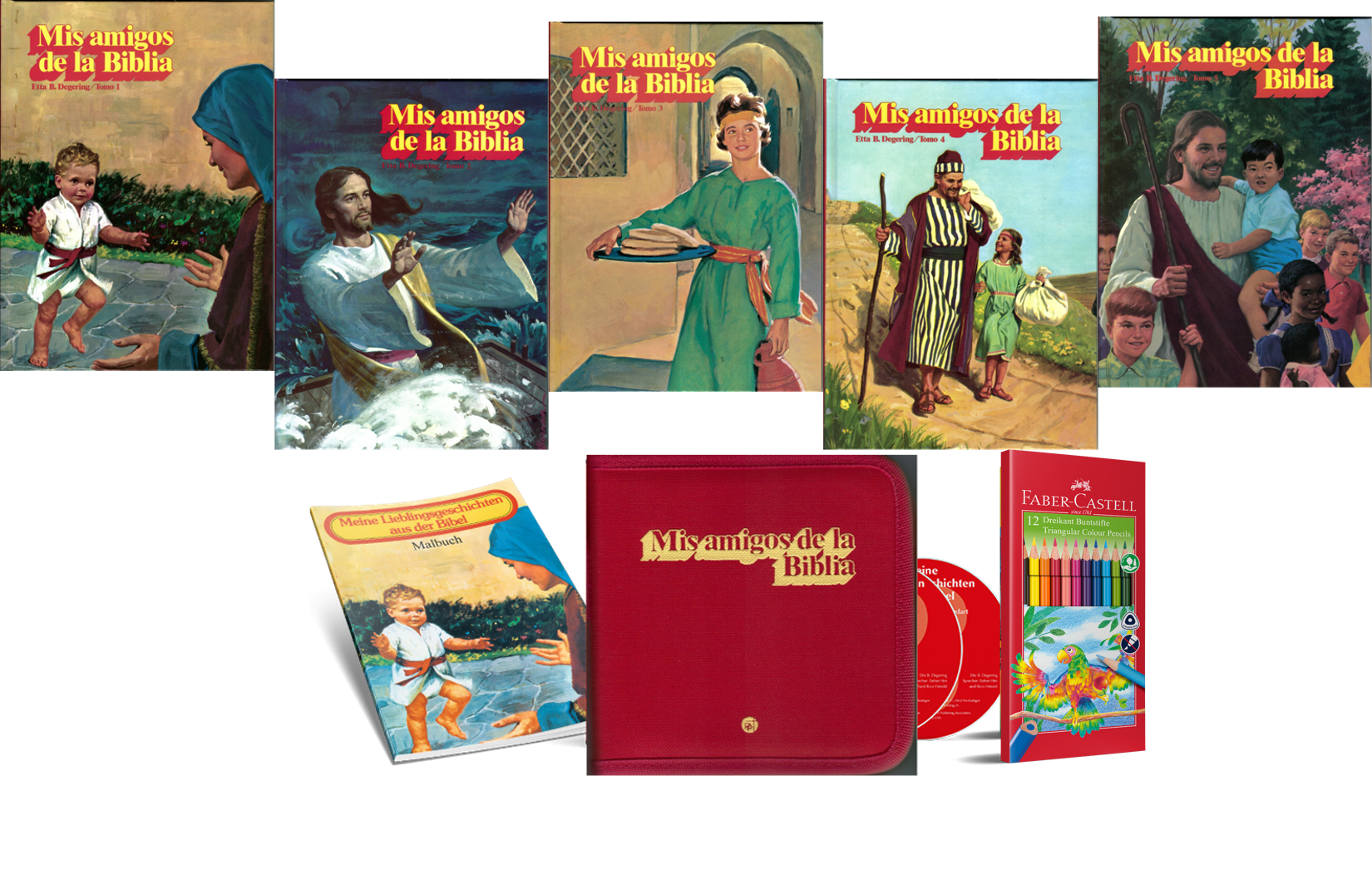 Mis Amigos de la Biblia, Bände 1-5 inkl. Hörbuch, Malheft, Farbstifte